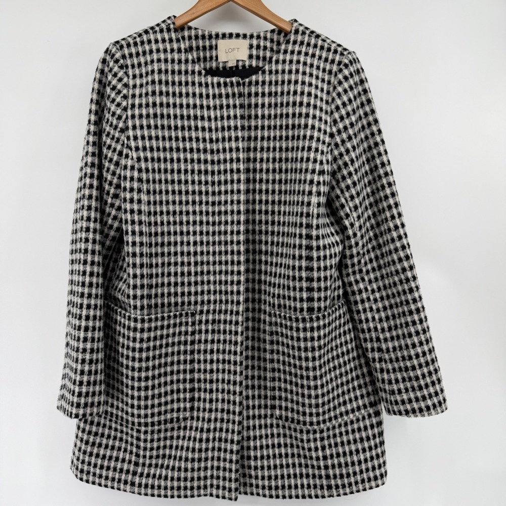 Loft Womens Gingham Wool Blend Collarless Coat Black White Zip Front Large Heavy